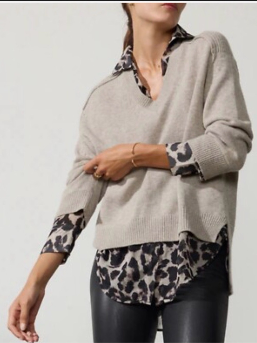Brochu Walker Wool Cashmere Layered Look Sweater Animal Print Shirt SZ S